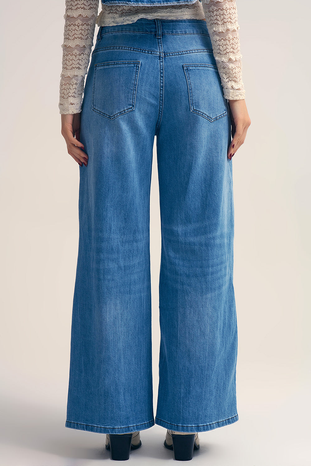 Drawstring Waist Wide Leg Denim Jeans