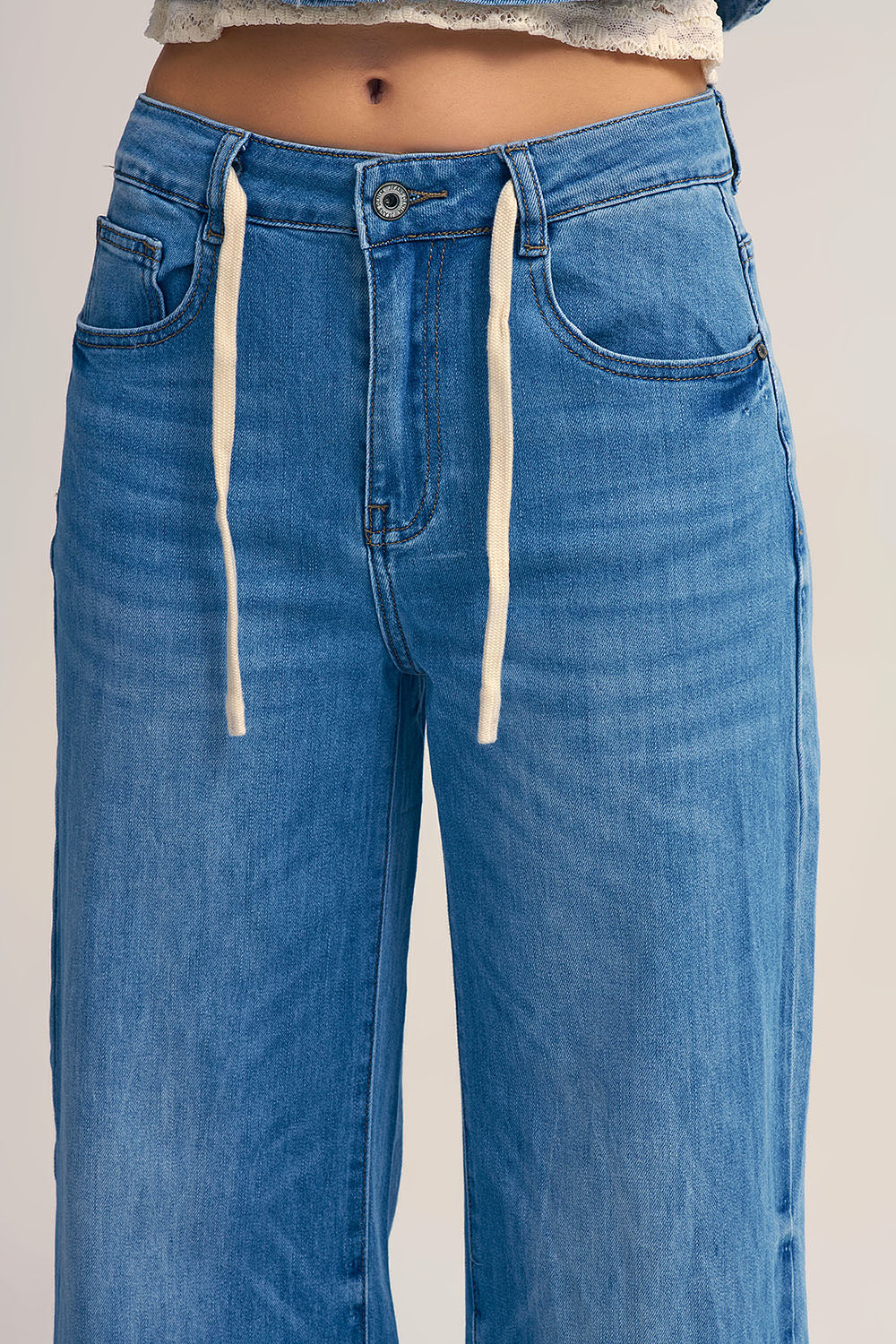 Drawstring Waist Wide Leg Denim Jeans