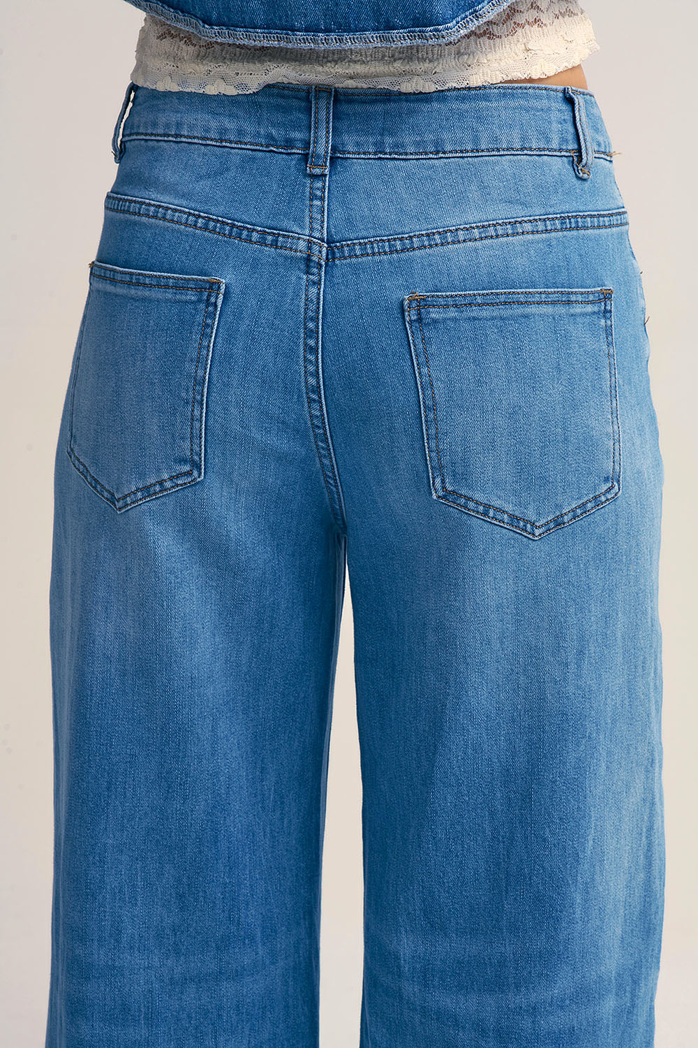 Drawstring Waist Wide Leg Denim Jeans