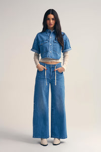 Drawstring Waist Wide Leg Denim Jeans