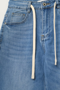 Drawstring Waist Wide Leg Denim Jeans