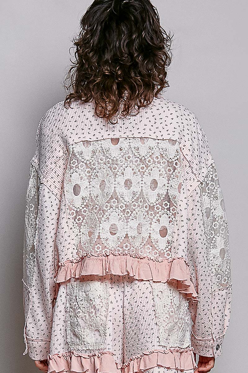 Blush Pink Lace Patchwork Ruffle Hem Jacket