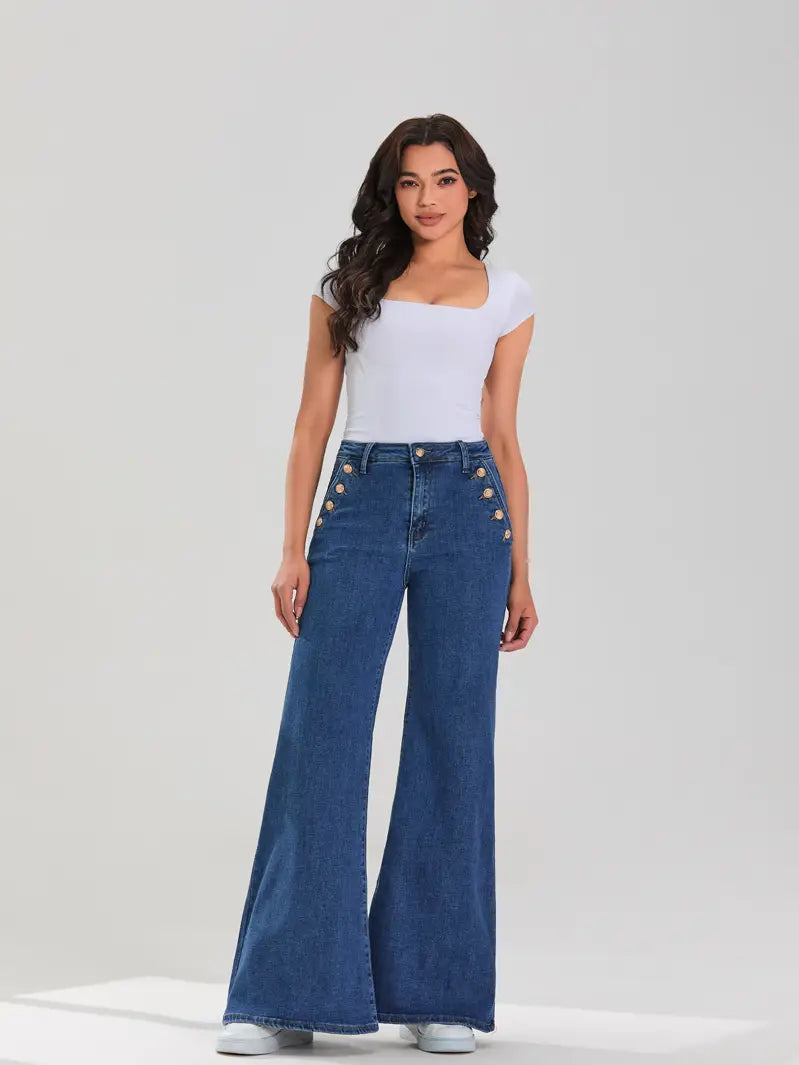 High Waist Button Detail Wide Leg Flare Jeans