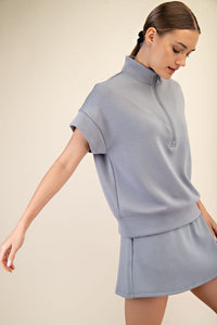 Gray Short Sleeve Quarter Zip Mock Neck Lounge Pullover
