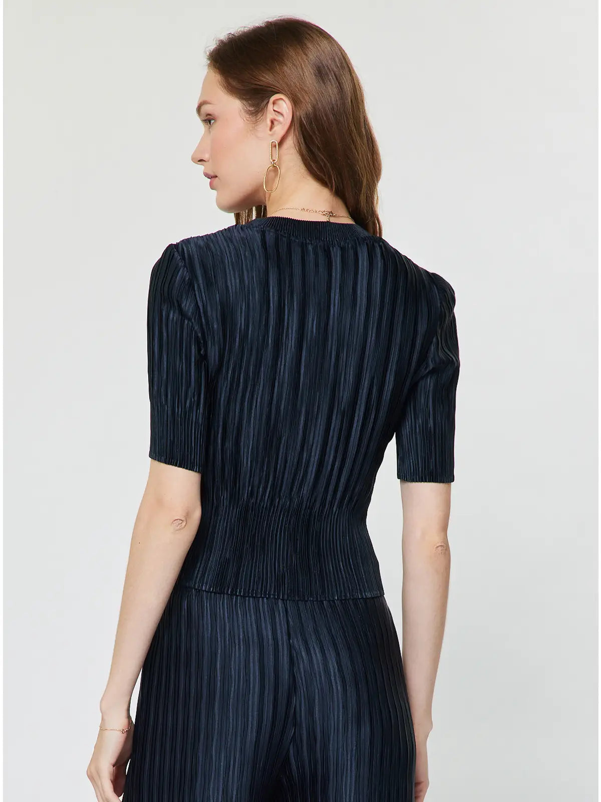 Pleated Textured Short Sleeve Knit Top Navy