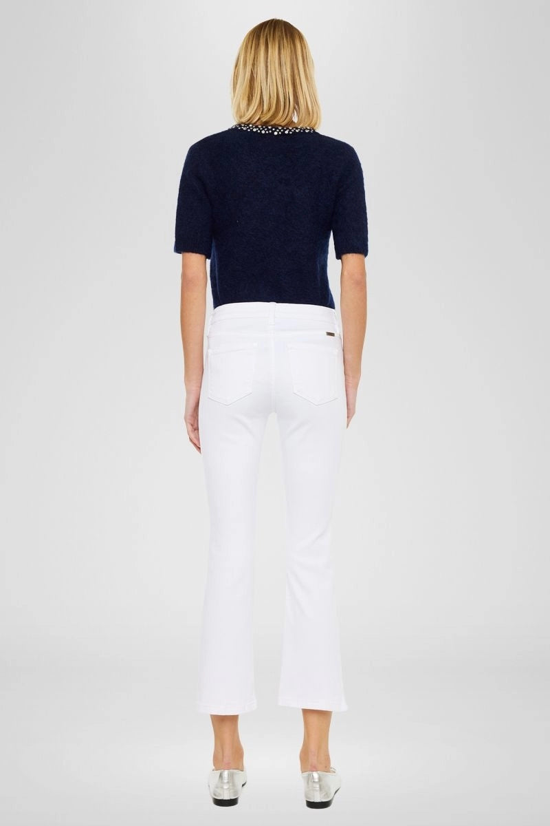 High Rise Cropped Kick Flare White Jeans with Side Slit Hem