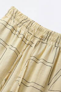 Cream Geometric Print Elastic Waist Wide-Leg Trousers
