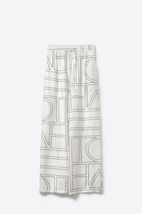 White Geometric Print Elastic Waist Wide-Leg Trousers