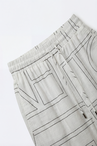 White Geometric Print Elastic Waist Wide-Leg Trousers