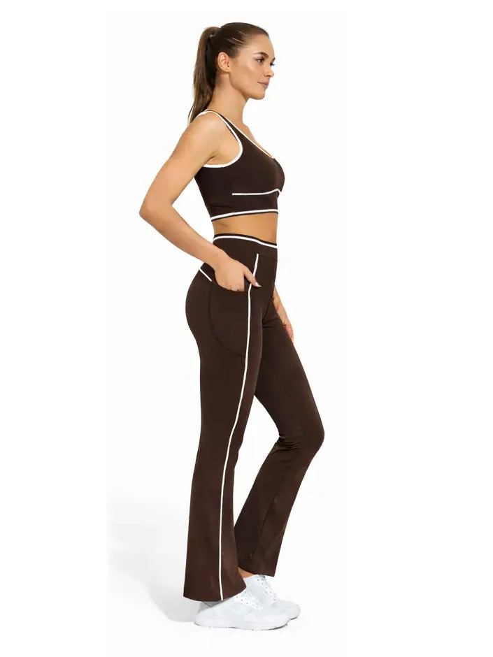 Brown Contrast Trim Sports Bra Crop Top