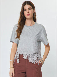 Lace Hem Cropped Short Sleeve Top Gray