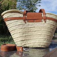 Large Moroccan Straw Beach Basket with Leather Trim French Market Tote