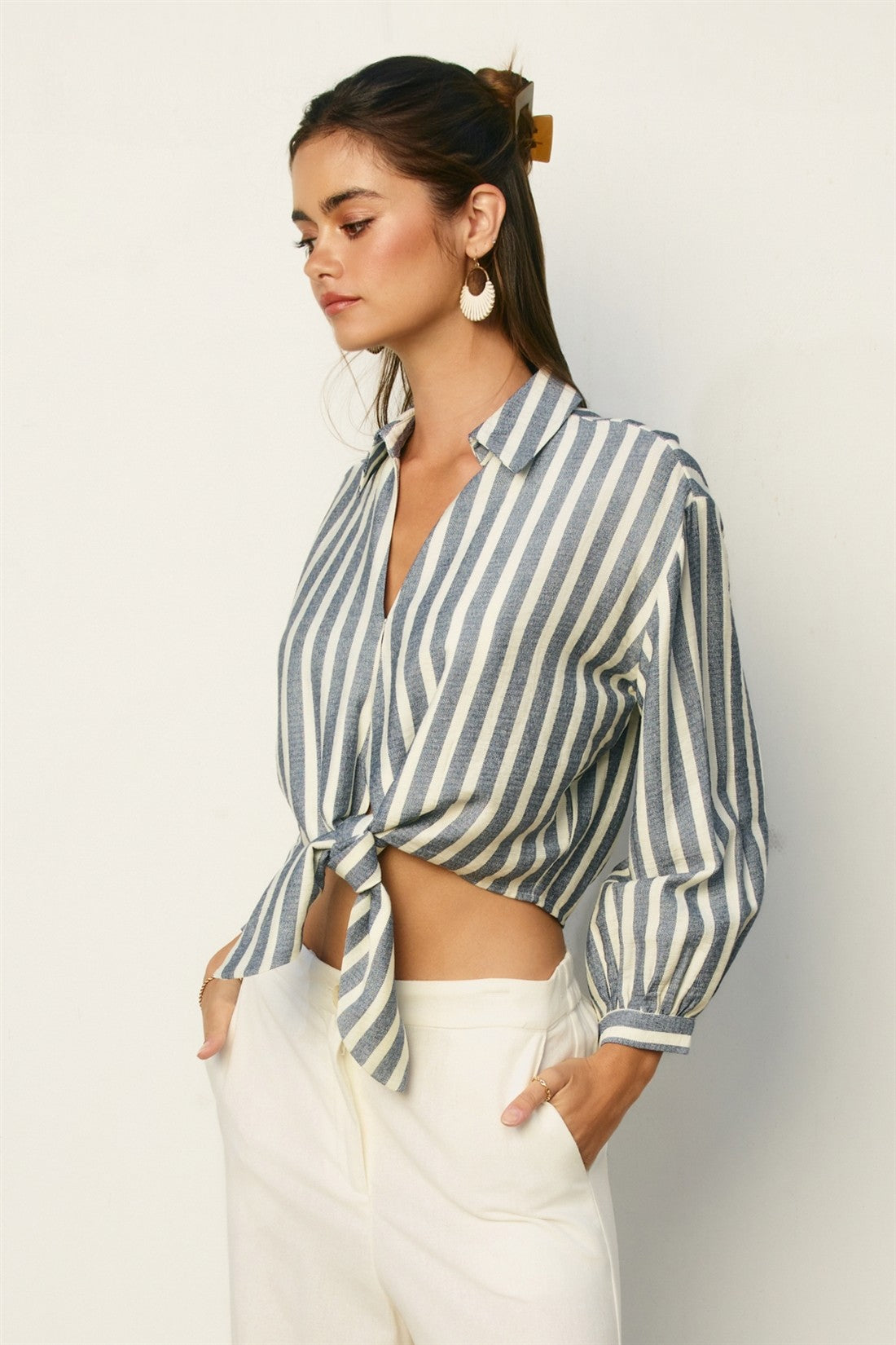 Striped Button-Up Tie Front Shirt with Balloon Sleeves