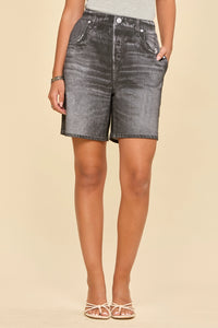 High Rise Elastic Waist Denim Shorts in Charcoal