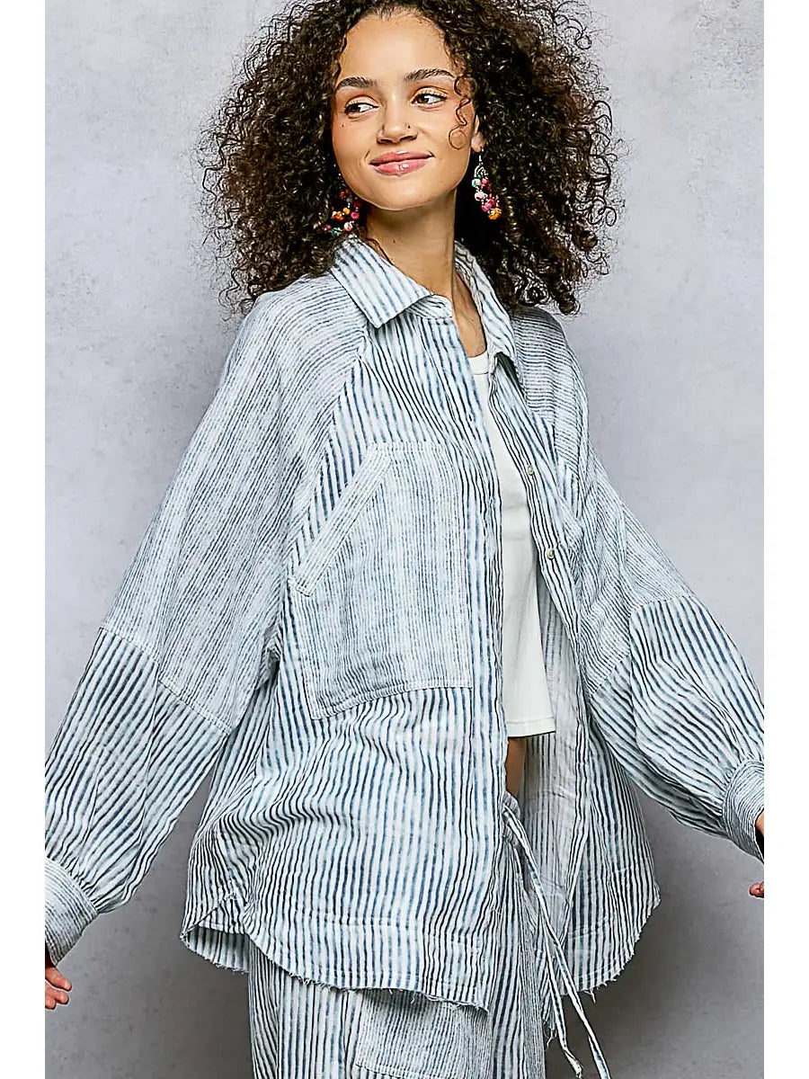 Striped Relaxed Fit Button-Up Shirt with Oversized Pocket Detail