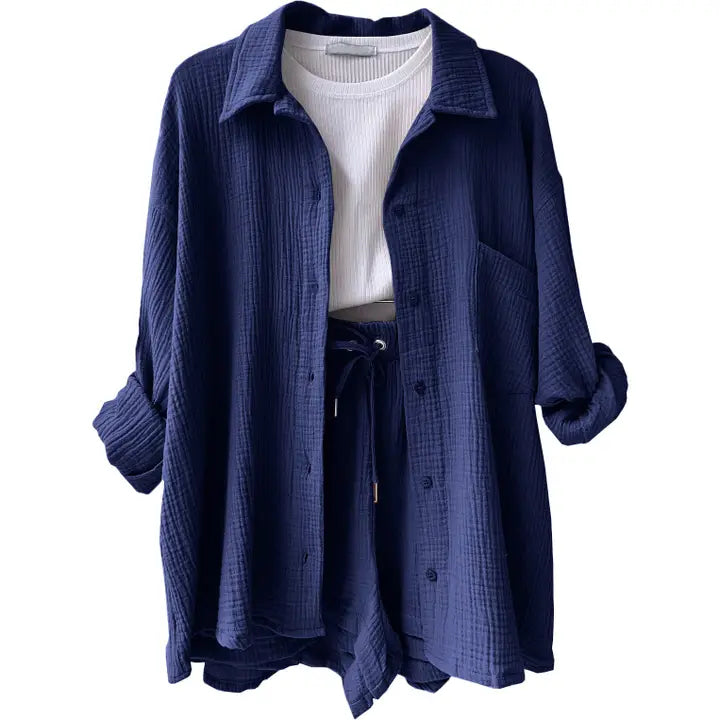 Navy Blue Relaxed Button-Up Shirt and Drawstring Shorts Two-Piece Set