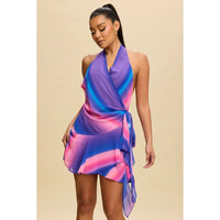Halter Wrap Mini Dress in Vibrant Sunset Gradient