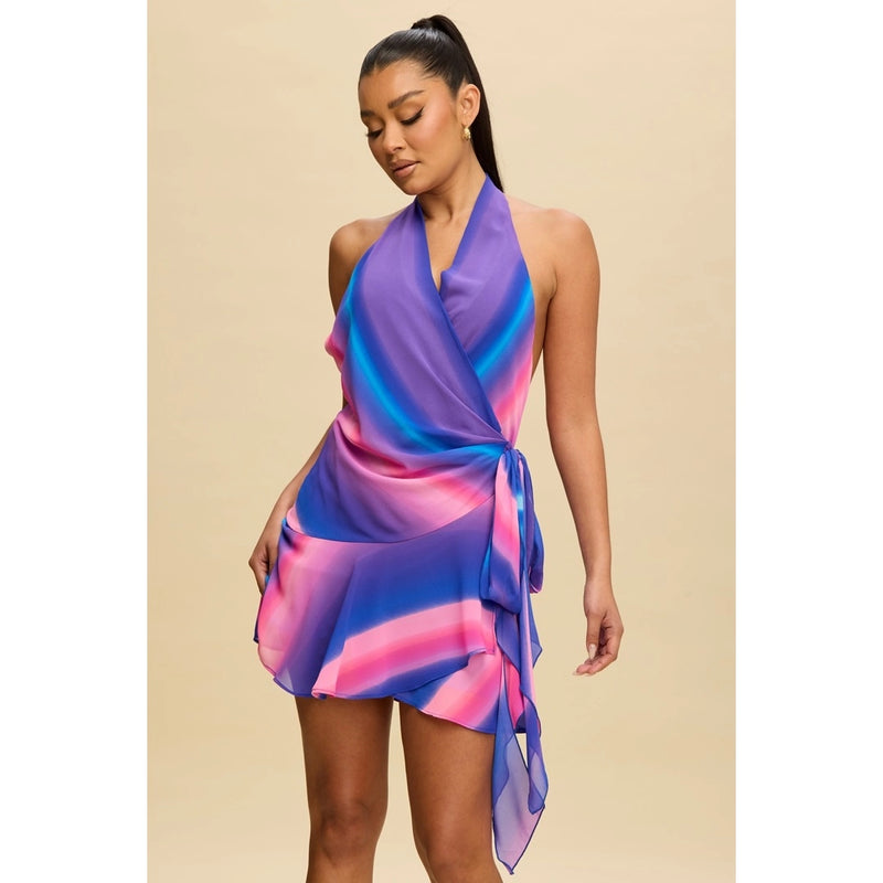 Halter Wrap Mini Dress in Vibrant Sunset Gradient