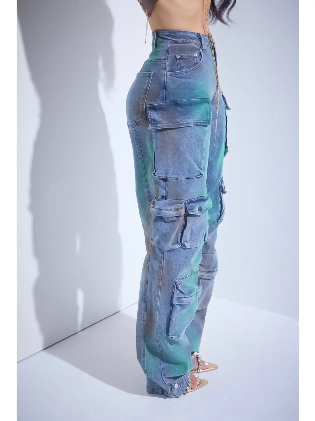 Distressed Cargo Flare Jeans with Side Pockets