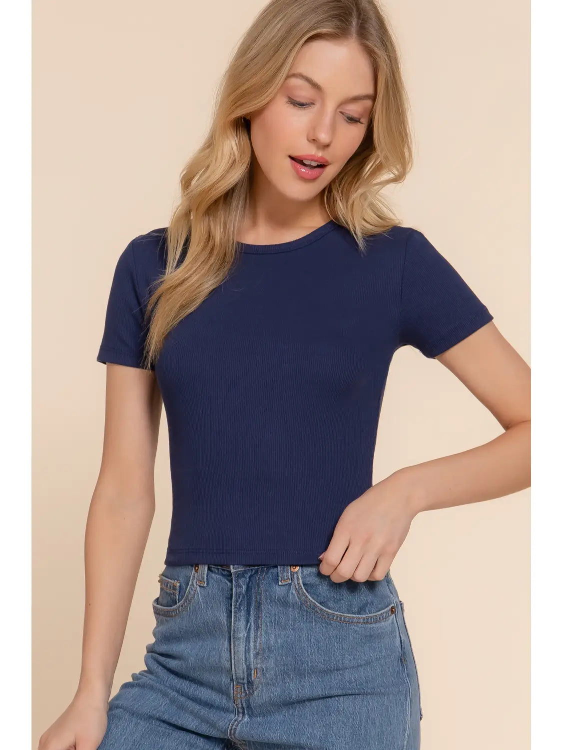 Ribbed Navy Crew Neck Short Sleeve Fitted Top