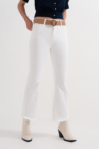 Cropped White Straight Leg Jeans with Raw Hem