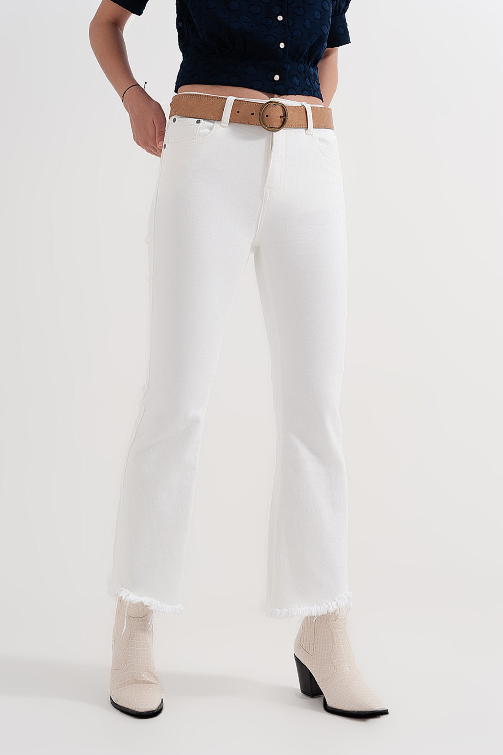 Cropped White Straight Leg Jeans with Raw Hem