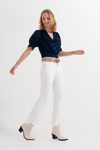 Cropped White Straight Leg Jeans with Raw Hem