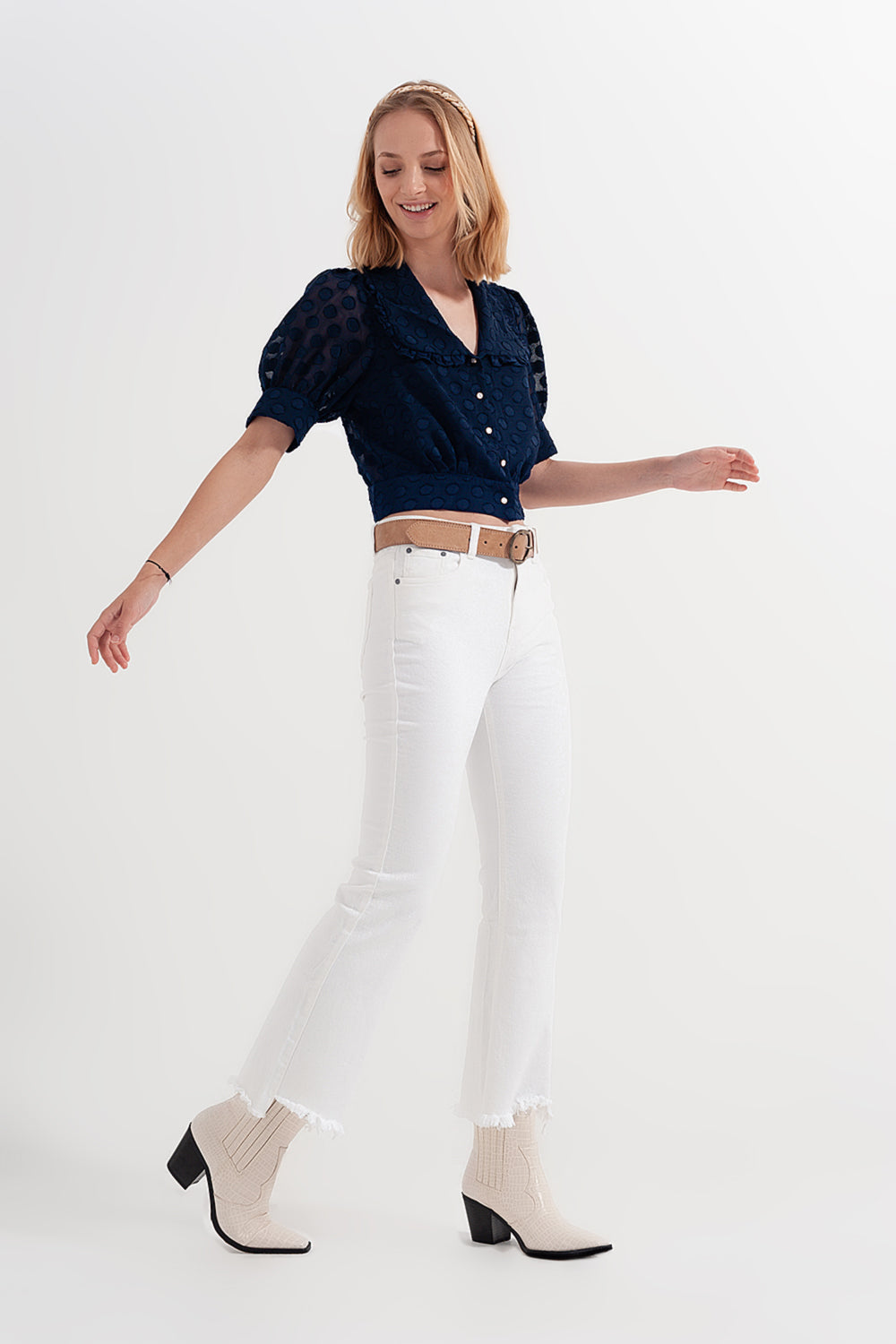 Cropped White Straight Leg Jeans with Raw Hem