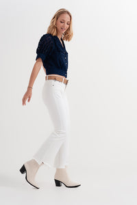Cropped White Straight Leg Jeans with Raw Hem