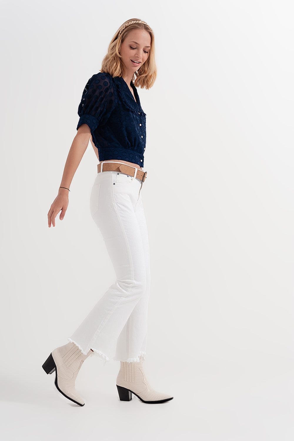 Cropped White Straight Leg Jeans with Raw Hem