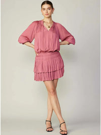 Dusty Rose Pleated Tiered Mini Dress with Smocked Waist