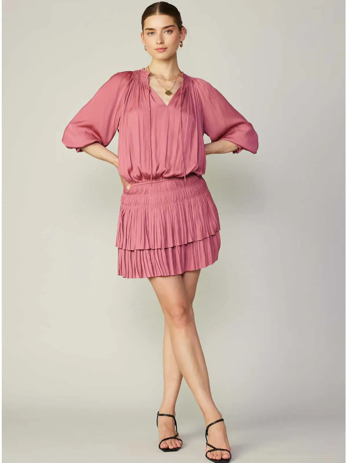Dusty Rose Pleated Tiered Mini Dress with Smocked Waist