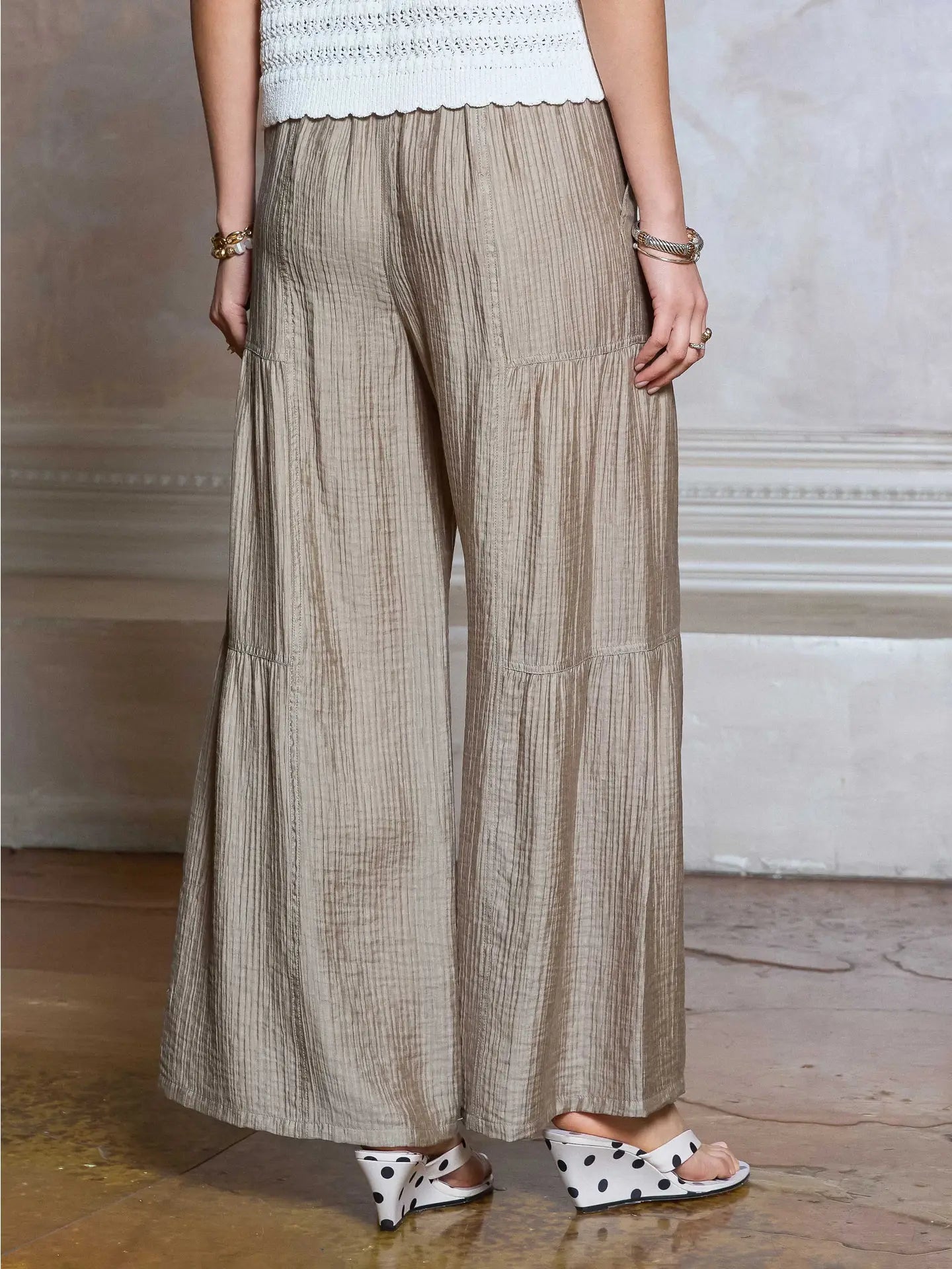 Nude Textured Wide Leg Tiered Pants
