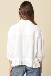 Lightweight Ruffle Hem Button-Up Blouse with Puff Sleeves in White