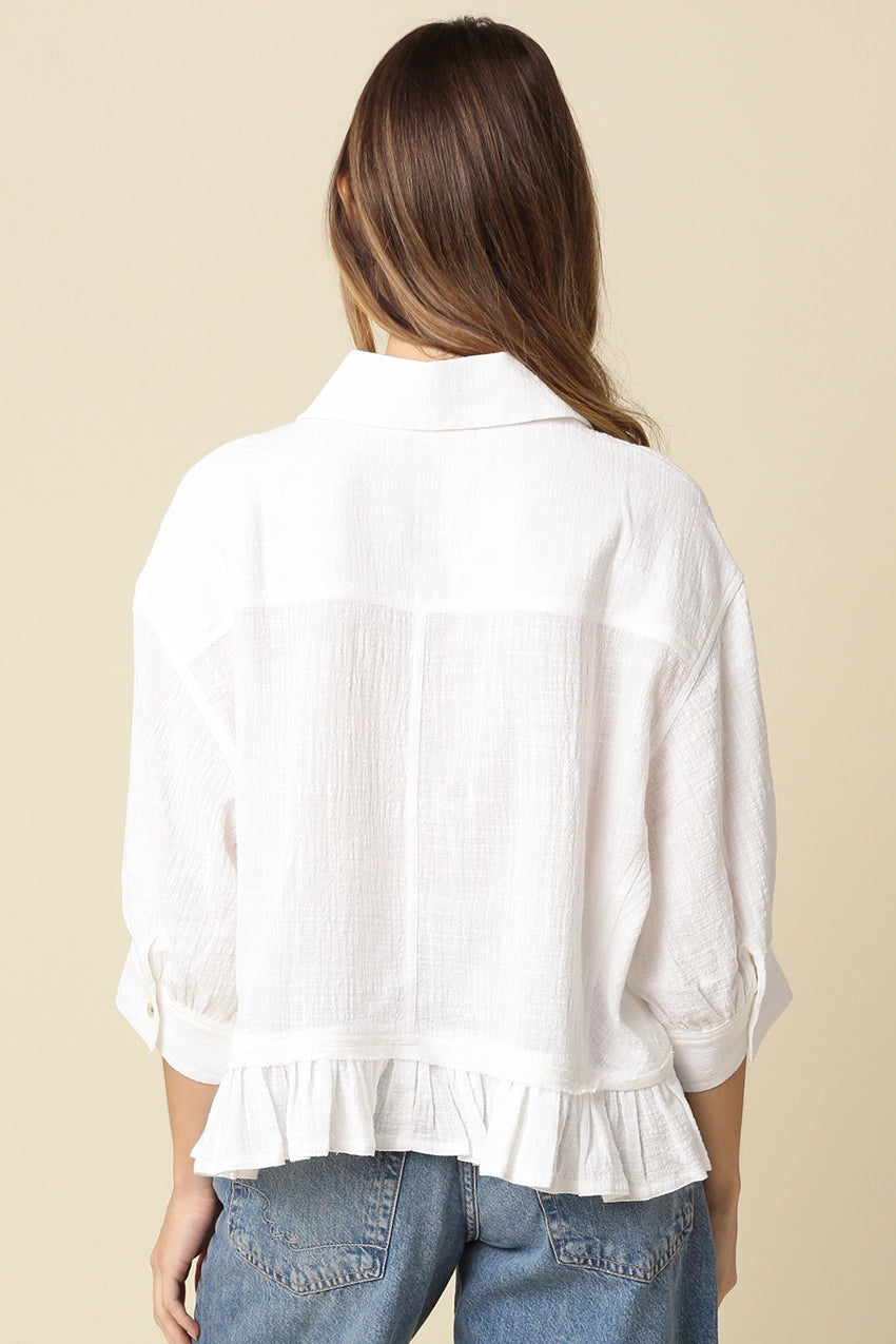 Lightweight Ruffle Hem Button-Up Blouse with Puff Sleeves in White