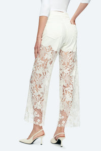 White Wide Leg Jeans with Sheer Floral Lace Panels