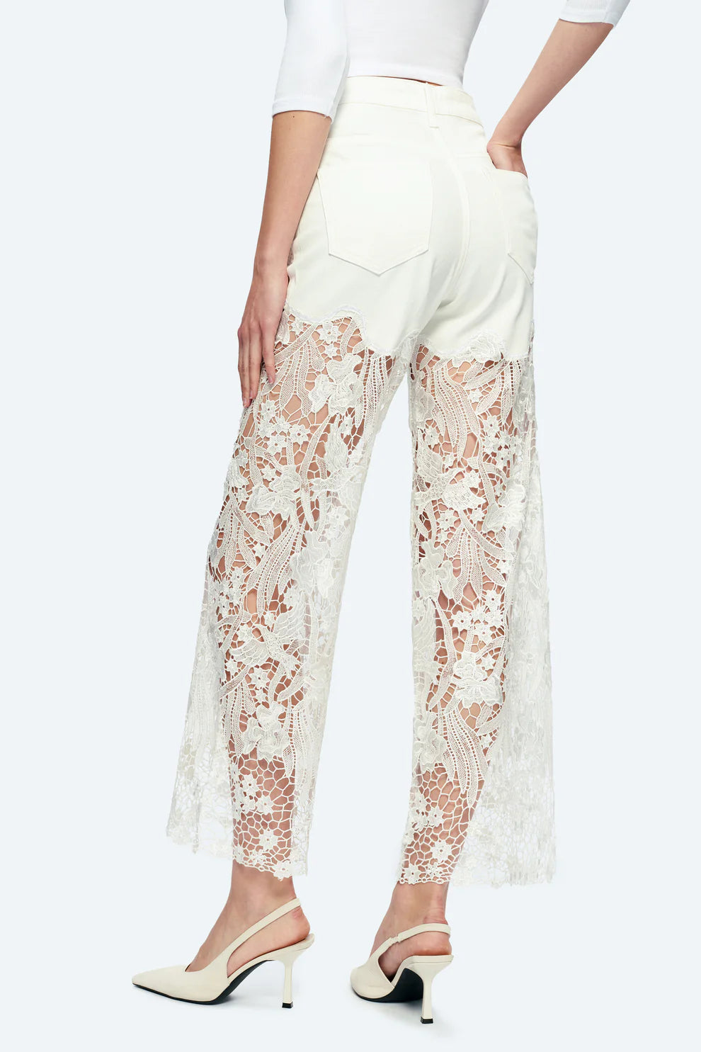 White Wide Leg Jeans with Sheer Floral Lace Panels