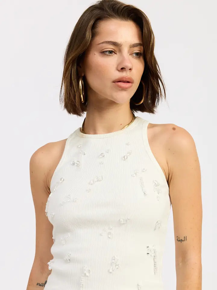 White Ribbed High Neck Tank with Beaded Embellishments