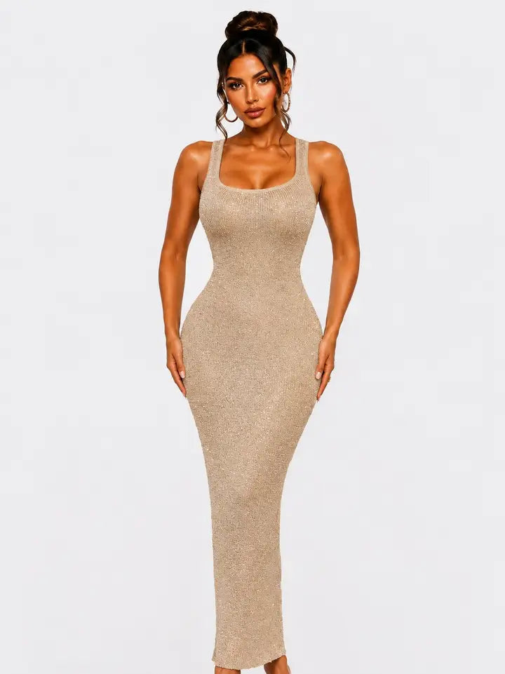 Gold Shimmer Sleeveless Bodycon Maxi Dress