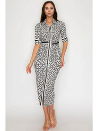Geometric Print Button Down Short Sleeve Midi Dress