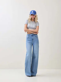 Gray Ribbed Button Front Cropped Tee
