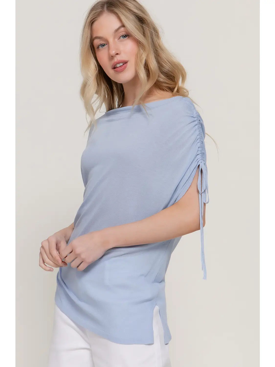 Light Blue One Shoulder Drawstring Side Top