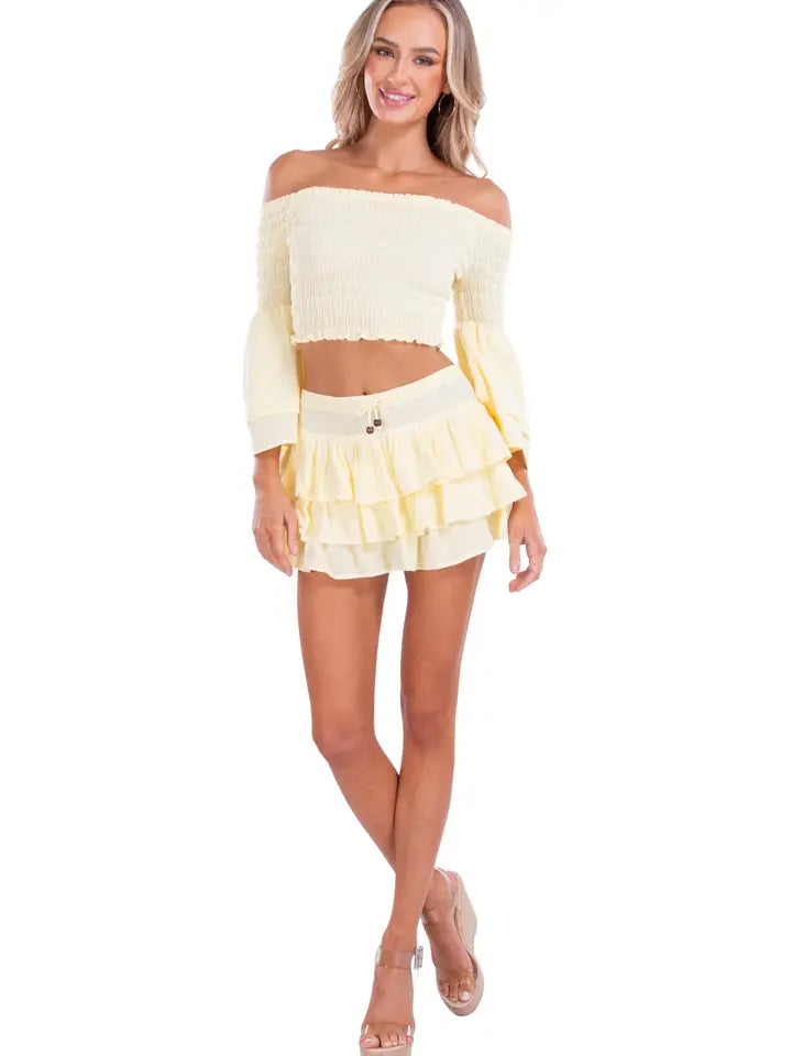 Butter Yellow Off-Shoulder Smocked Bell Sleeve Cotton Top