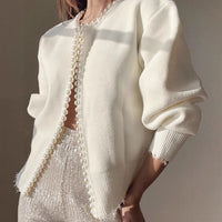 Pearl Trim Textured Knit Cropped Cardigan