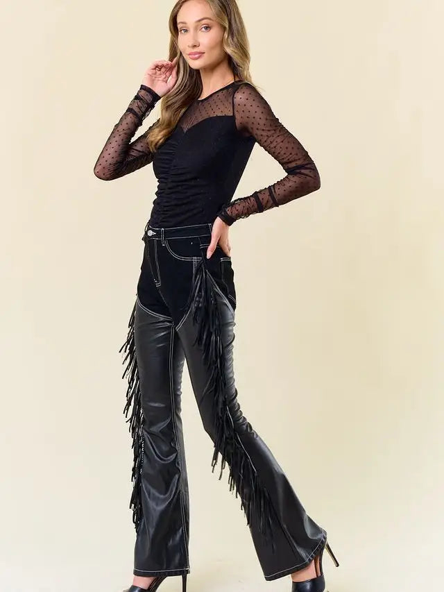 Leather Fringe Flare Pants in Black