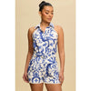 Blue & White Ikat Print Belted Halter Romper with Pearl Trim
