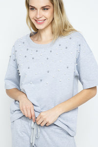 Grey Pearl Embellished Short Sleeve Top