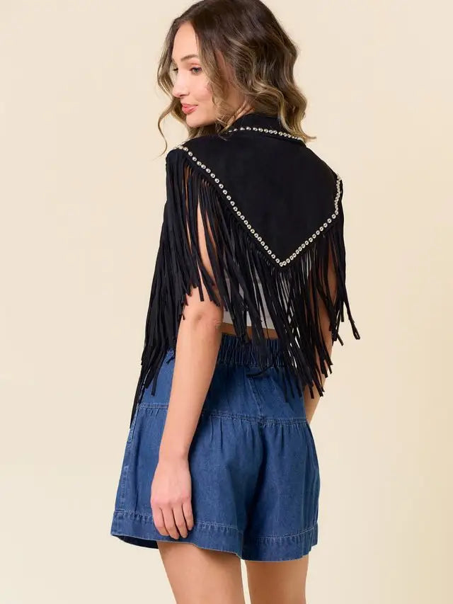 Black Fringe Cropped Western Shrug with Studded Trim