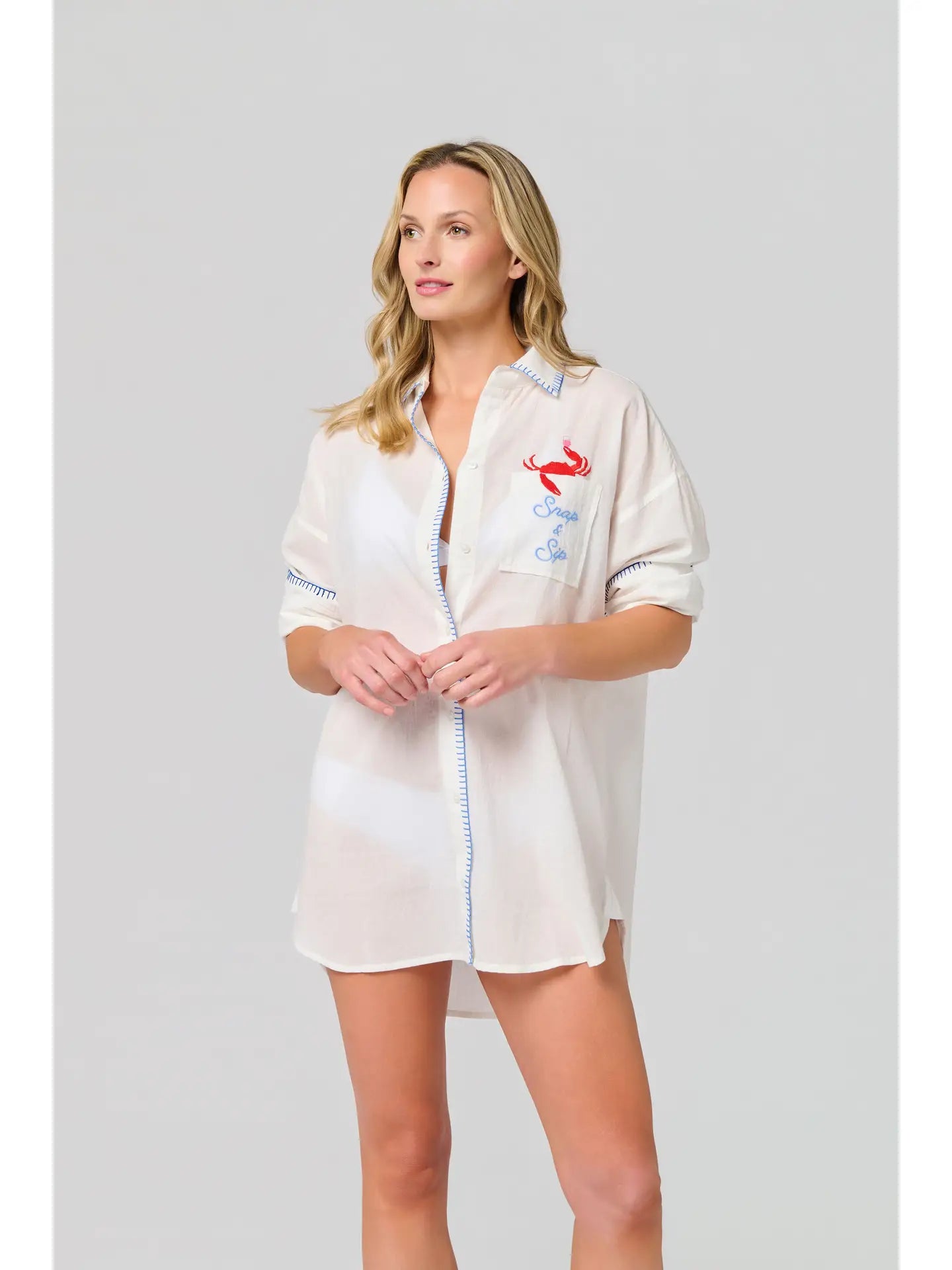 Crab Embroidered “Snaps & Sips” Sheer Button Down Cover-Up Shirt