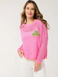 Pink Open Knit Palm Embroidered Lightweight Sweater